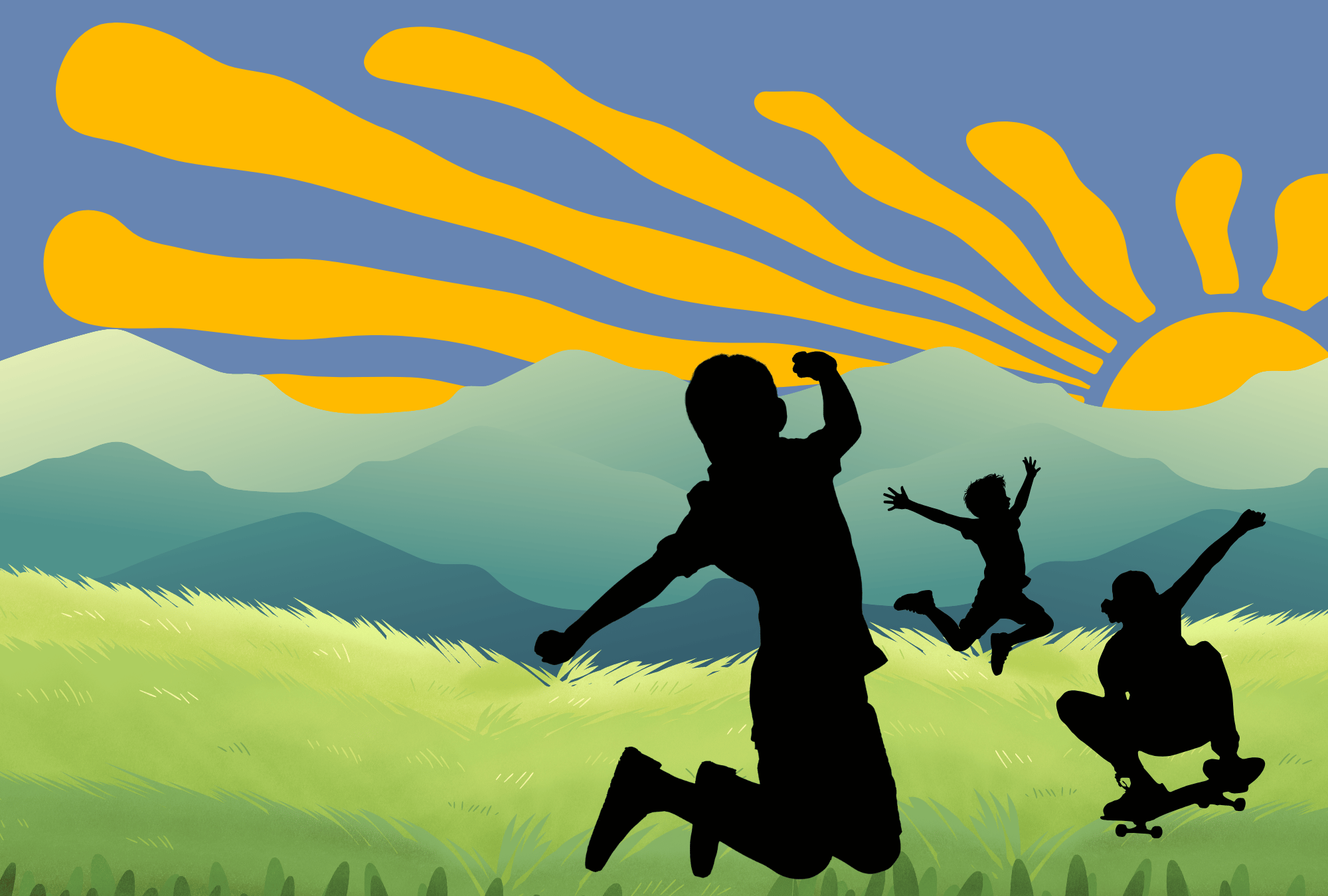 Stronger Together! Summer Block Party (silhouettes of children jumping in the air)