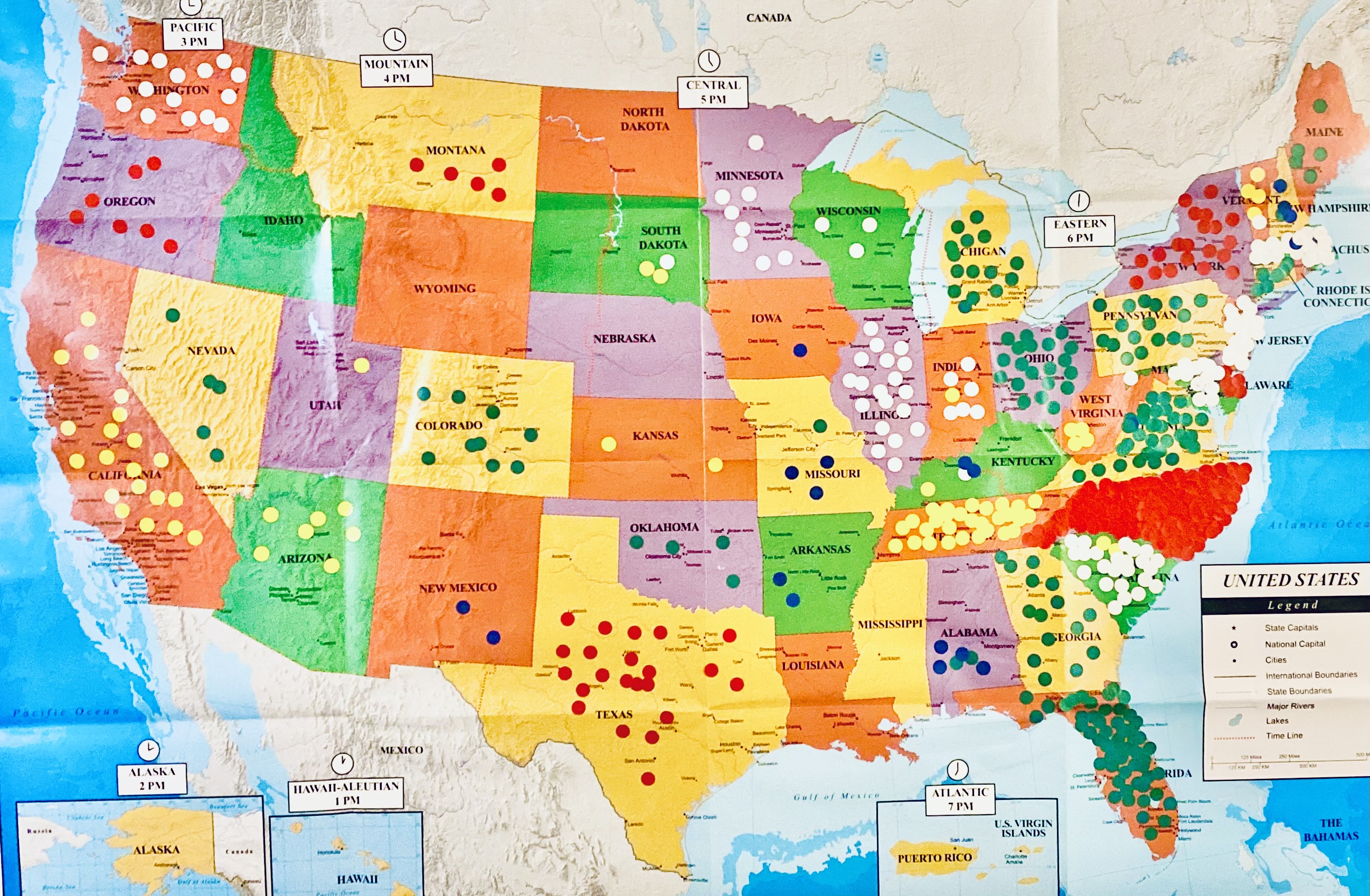 US map with dots representing locations we received a donation from