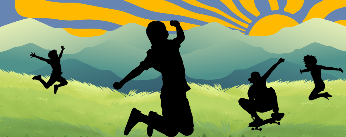 mountains in background and silhouettes of kids jumping in the air